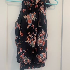 Floral high-neck top with shoulder tie